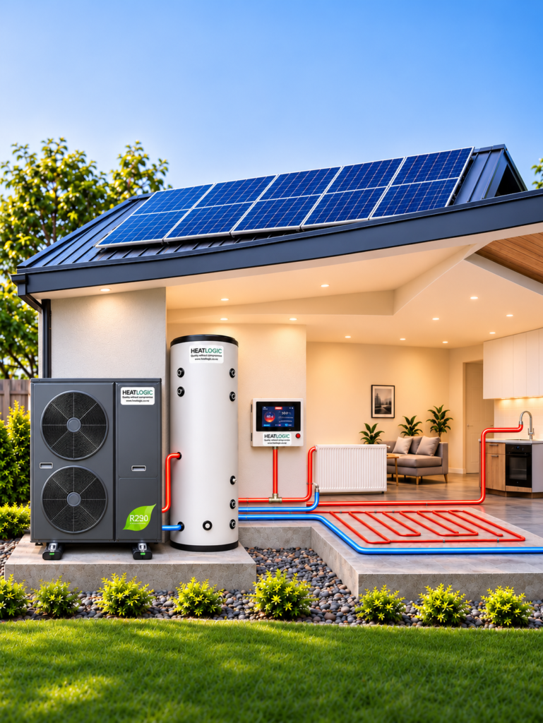 Heat Logic R290 air to water heat pump with solar panels, providing home heating and hot water through radiators, underfloor heating and a hot water cylinder.